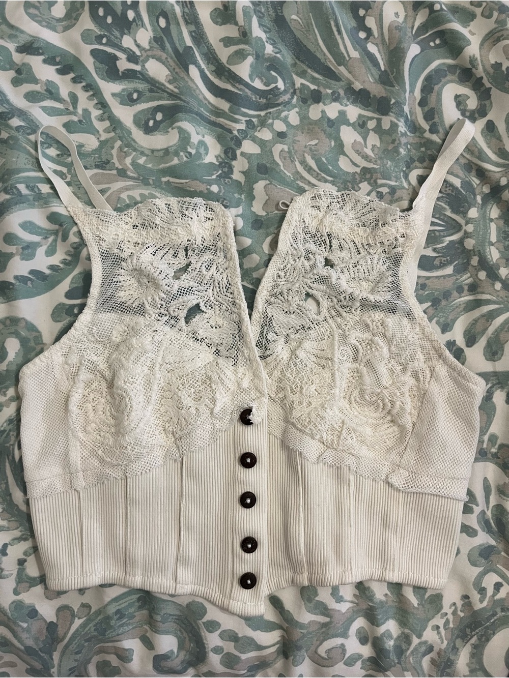 Free People Lace Button-Front Crop Tank Top - White